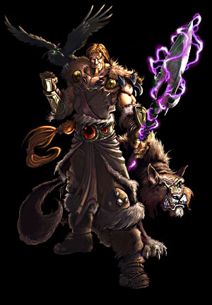 Druide aus Diablo 2 begleitet von einem Raben und einem Wolf